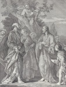 Omvendelse av Sakkeus, med Kristus til høyre henvendt til skatteoppkreveren, som har sete..., 1730-39.