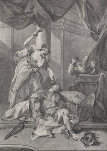 Jael hamrer en teltplugg inn i tempelet til den sovende Sisera, til høyre a se..., ca. 1730-39.