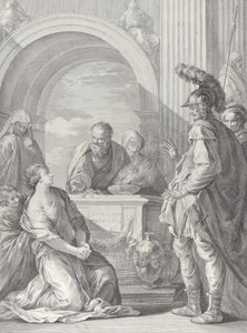 Jeftas datter kneler ved offeralteret, med faren stående på høyre..., 1730-50. av Pietro Monaco