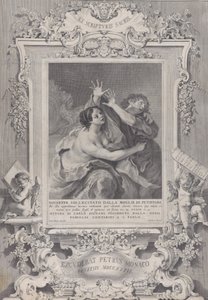 Josef og Potifars kone, innenfor en utsmykket ramme, 1739. av Pietro Monaco