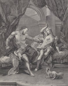 Samson og Delila satt på en seng, Samson river fra hverandre tauene som binder hånden hans..., ca. 1730-39. av Pietro Monaco