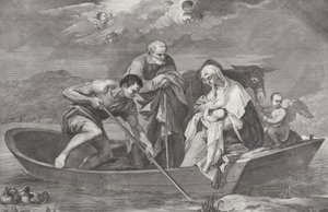 Flukten til Egypt, med den hellige familie i en båt, 1730-50.