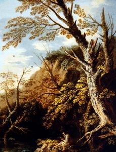 Et skogkledd landskap med en eremitt (olje på lerret) av Pietro Montanini