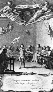 Carlo Goldoni vifter med et flagg for å feire at han har bestått året på jesuittskolen i Perugia, fra 