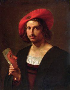 Portrett av en ung mann iført en hatt med et merke, med en maske (olje på lerret)