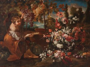 En jente blant blomster og frukt av Pietro Paolo Bonzi