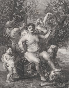 Bacchus satt på en tønne foran vinranker, med bacchanter, satyrer og barn s..., 1758. av Pietro Peiroleri