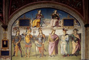 Allegorier om styrke og måtehold med seks antikke helter av Pietro Perugino