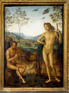 Apollo og Marsyas "" Marsyas spiller på fløyte før Apollo, King of the Lyre, etter utfordring. Maleri av Pietro Vannucci av The Perugino (1450-1523) Søn. 0,39 x 0,29 m av Pietro Perugino