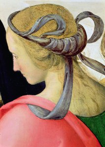 Jomfruens ekteskap, detalj som viser en av Jomfruens følgesvenner, 1500-04 olje på lerret detalj av 53750 av Pietro Perugino