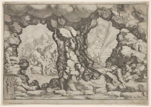 En gigant som løfter en stein i midten, andre kjemper til venstre og høyre sliter og rec..., ca. 1680.