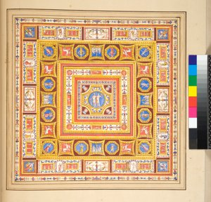 Design for en takfreskomaleri (svart kritt, noen med penn og brunt blekk. farget med akvarell) av Pietro Santi Bartoli