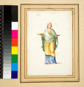 Kvinnefigur på pidestall (svart kritt, noen med penn og brunt blekk. farget med akvarell) av Pietro Santi Bartoli