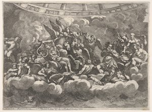 Samling av forskjellige olympiske guder og mytologiske skikkelser blant skyer, Apollo at ce..., ca. 1680.