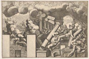 Kjemper knust av steiner og templets fallende søyler, røykskyer over..., ca. 1680.