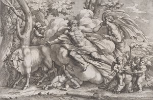 Io til venstre som en ku, Jupiter på en sky i midten og Juno til høyre med pu..., 1650-90.