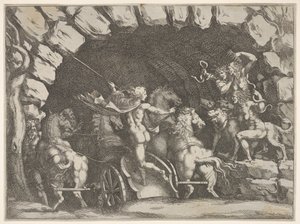 Pluto, sett bakfra, går inn i underverdenen på sin vogn, Cerberus og tre Fu..., ca. 1680.