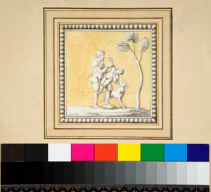 Tre sølvpaneler fra forsiden av en trekiste (svart kritt, noen med penn og brunt blekk. farget med akvarell) av Pietro Santi Bartoli