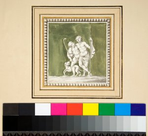 Tre sølvpaneler fra forsiden av en trekiste (svart kritt, noen med penn og brunt blekk. farget med akvarell) av Pietro Santi Bartoli