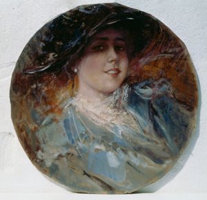 Strålende smil, av Pietro Scoppetta (1863-1920), olje på lerret påført på papp, 37,5 cm
