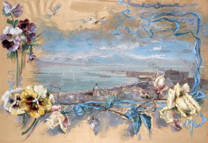 Utsikt over Napoli gjennom stemorsblomster (maleri på silke)