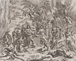 En allegori over maleriet, som som barn i midten til venstre tegner på en tavle, surrounde..., 1637-38. av Pietro Testa