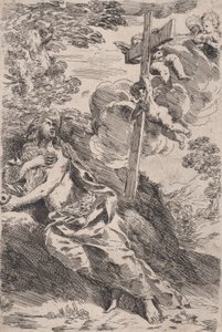 Maria Magdalena i ørkenen, et kors båret av engler til høyre, ca. 1630. av Pietro Testa