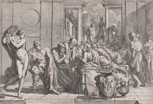 Platons symposium: Sokrates og hans følgesvenner satt rundt et bord og diskuterte ideell kjærlighet..., 1648.