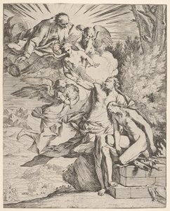 Isaks offer: en engel presser seg mot den dolkbærende armen til Abraham, som ..., ca.1645-50. av Pietro Testa