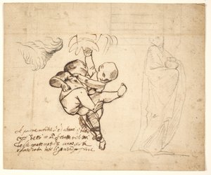 Studie for to lekende putti, løv og en drapert figur med urne av Pietro Testa