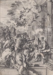 The Adoration of the Magi, satt foran og arkitektonisk søylegang, ca. 1640. av Pietro Testa