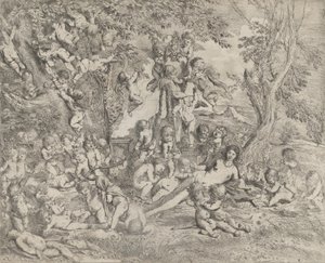 The Garden of Venus som hviler i sentrum foran en herm av Pan og omringet ..., ca. 1631-37.