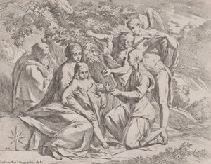 Den hellige familie matet av engler, ca. 1642-44. av Pietro Testa