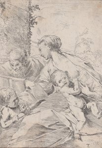 Den hellige familie med spedbarnet Saint John som holder et eple, ca. 1630. av Pietro Testa