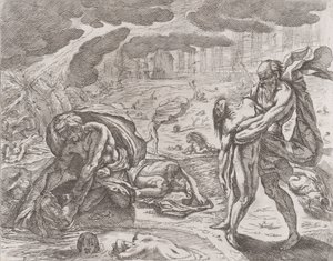 Syndfloden, figurer som trekkes opp fra vannet, ca. 1640-42. av Pietro Testa