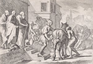 Avgangen til den fortapte sønnen, vist i ferd med å sette seg opp på en hest, fra en serie på fire..., ca. 1645. av Pietro Testa