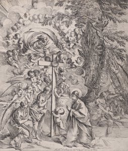 Drømmen om St. Joseph, som sover til høyre, Jomfruen og barnet ved en kro..., ca. 1635-37. av Pietro Testa