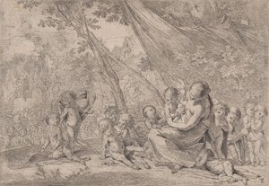 Nestekjærlighetens hage, kvinne som representerer veldedighet til høyre omgitt av barn, ..., ca. 1631-37. av Pietro Testa
