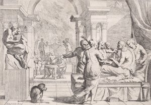 Den fortapte sønnen satt på en sofa og fikk servert vin, festglade i bakgrunnen, en mo..., ca. 1645. av Pietro Testa