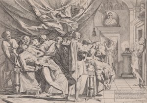 Selvmordet til filosofen Cato, som ligger på sengen sin og trekker ut innmaten, så på b..., 1648.