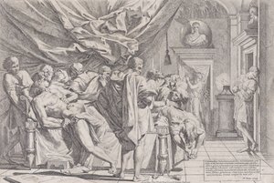 Selvmordet til filosofen Cato, som ligger på sengen sin og trekker ut innmaten, så på b..., 1648.