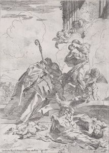 Tre lucchese-helgener St. Nicholas Tolentino, Nicholas av Bari i forbønn med..., ca. 1630-31. av Pietro Testa
