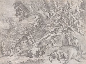 Venus og Adonis, omgitt av mange putti, tilbakelent etter jakten, med et dødt villsvin ..., 1631-37. av Pietro Testa