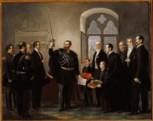 Vittorio Emanuele II av Savoy, i Pistoia, med sverdet til gibelin condottiere Castracani av Pietro Ulivi