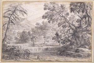 A Wooded River Landscape, ca. 1650 (svart kritt, pensel og grått blekk med grå vask på papir) av Pietro da Cortona
