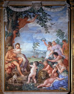 Allegori over de fire tidsalderen, gullalderens freskomaleri av Pietro da Cortona (Steen av Cortona) (1596-1669) 1637 Salle du Poele (Stanza della Stufa), Palatine Gallery, Palazzo Pitti, Firenze