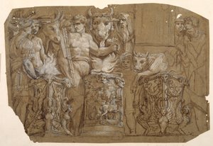 Antikk ofring og ekteskapet mellom Perseus og Andromeda, etter Polidoro da Caravaggio (ca. 1499-1543) (penn og brunt blekk med brun vask forsterket med hvit kroppsfarge over innledende i svart kritt på papir vasket brunt) av Pietro da Cortona