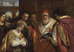 Flavia Domitilla (død etter 95) mottok sløret fra pave Clement I - Saint Domitilla Mottok sløret fra pave Clement I av Cortona, Pietro da (1596-1669). Olje på lerret, størrelse: 123x172,7, , Privat samling av Pietro da Cortona