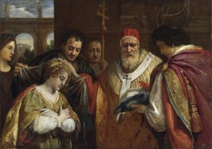 Flavia Domitilla eller Saint Domitilla (død etter 95) mottar sløret fra pave Clement I (Sankt Clement av Roma, død rundt 99) - Saint Domitilla mottar sløret fra pave Clement I - Cortona, Pietro da (1596-1669) - Olje på lerret - 123x172,7 - Privat av Pietro da Cortona