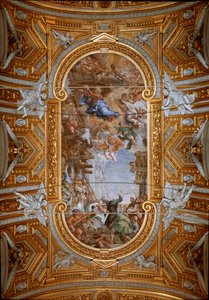 Jomfruen dukker opp for den hellige Philip Neri (Filippo Neri) under byggingen av kirken Utsikt over freskene av hvelvet av Peter av Cortona (Pietro da Cortona) (1596-1669) (Miracle of the Madonna della Vallicella av Pietro da Cortona, tak freskomaleri